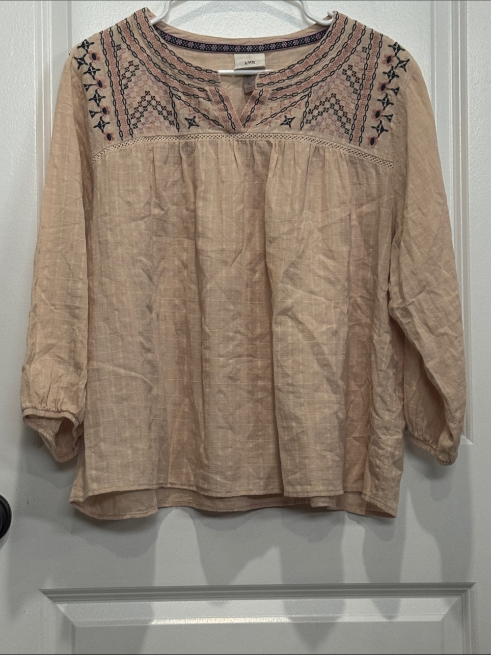 Knox Rose Blush Peasant Blouse with Navy Embroidery